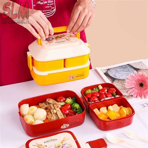 Portable Lunch Box 2 Layer Plastic Bento Box Microwave Food Box With
