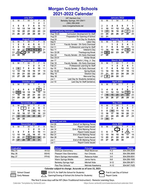 2021 2022 School Calendar Morgan County Schools