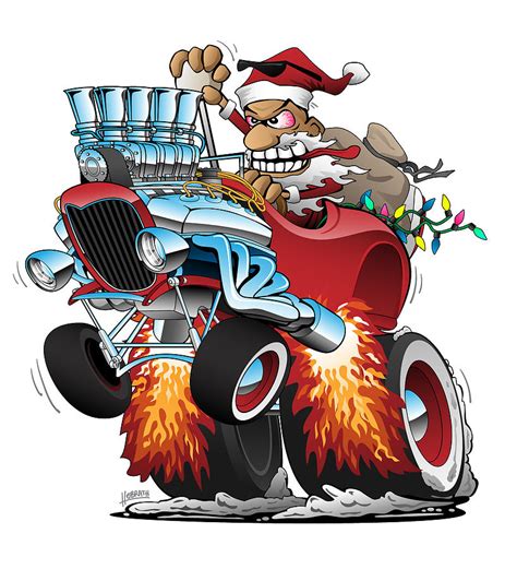 Hot Rod Santa Christmas Cartoon Digital Art By Jeff Hobrath Fine Art