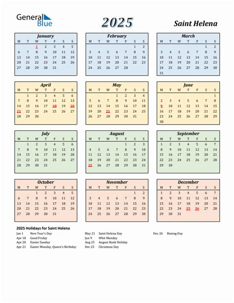 2025 Holiday Calendar For Saint Helena Monday Start