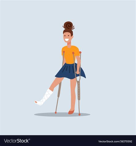 Smiling Brunette Girl On Crutches With Broken Leg Vector Image
