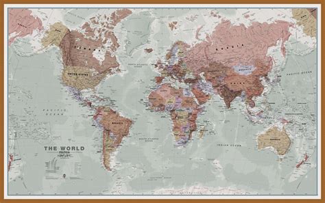 Large Executive World Wall Map Political Wood Frame Teak