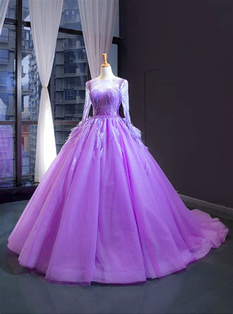 Purple Ball Gown Tulle Long Sleeve Beading Sequins Luxury Prom Dress