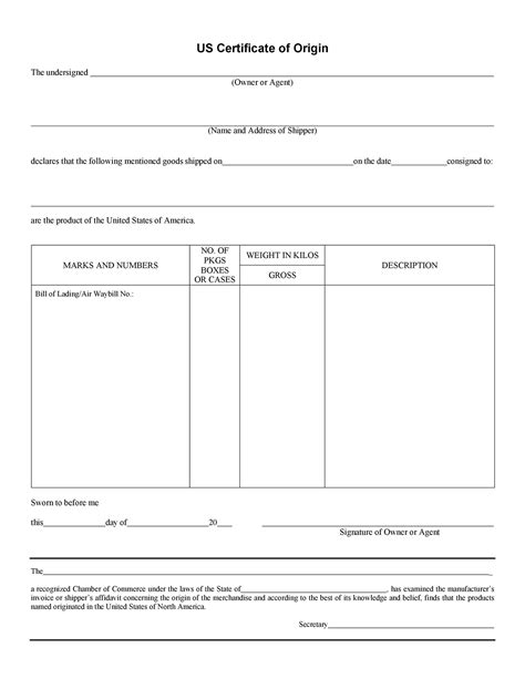Printable Manufacturer S Certificate Of Origin Template Templates