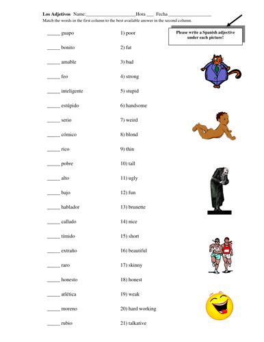 Spanish Adjectives Of People Matching Worksheet Teaching Resources