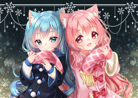 Download 1600x900 Anime Girls Loli Pink And Blue Hair Animal Ears