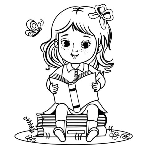 Premium Vector Black And White Little Girl Is Reading A Book Vector