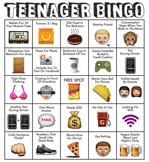 If Raising A Teen Looked Like A Bingo Card This Would Be It