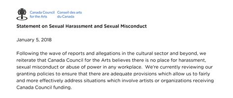 Statement on Sexual Harassment and Sexual Misconduct | Canada Council for the Arts