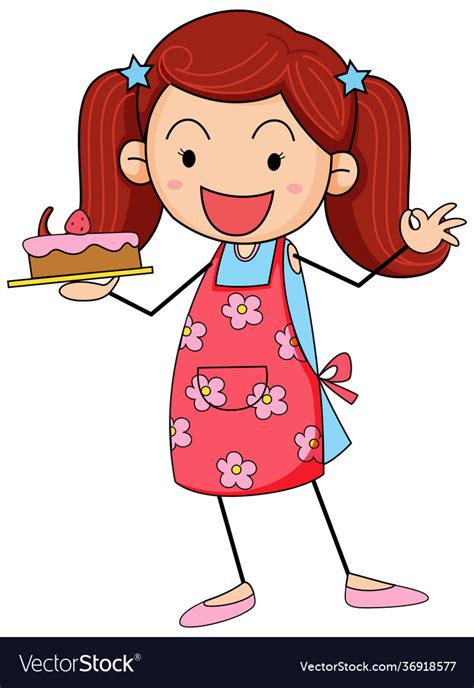 Cute Girl Holding Cake Doodle Cartoon Character Vector Image