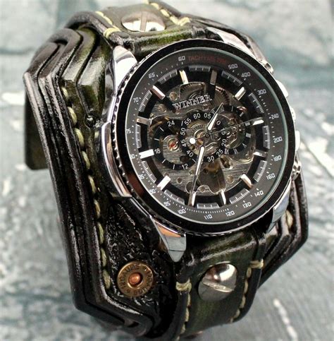 Burnt Looking Steampunk Leather Wrist Watch Green Steampunk Leather