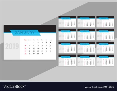 Clean Blue 2019 Calendar Template Royalty Free Vector Image