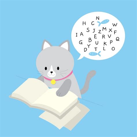 Premium Vector Cartoon Cute Gray Cat Reading Book