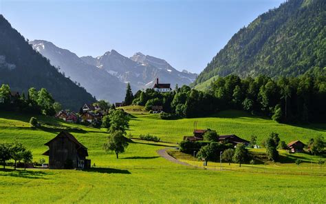 Switzerland Scenery Houses Mountains Grasslands Flueli Trees Cities