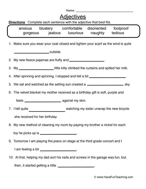 Free Printable Adjective Worksheets For 5th Grade