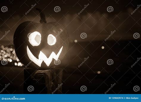 Halloween Pumpkin Smile And Scrary Eyes For Party Night Close Up View