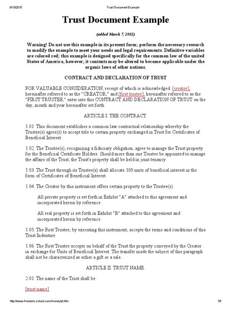 Trust Document Example Pdf Trust Law Trustee