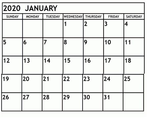 Catch Large Block January 2020 Printable Monthly Calendar Calendar