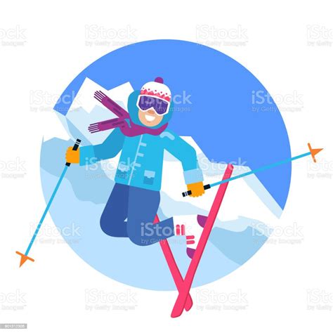 Cartoon Smiling Skier Isolated Skiing Sportsman Character In Skis