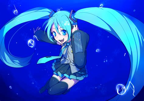 Aqua Hair Blue Eyes Bubbles Hatsune Miku Headphones Thighhighs Twintails Underwater Vocaloid