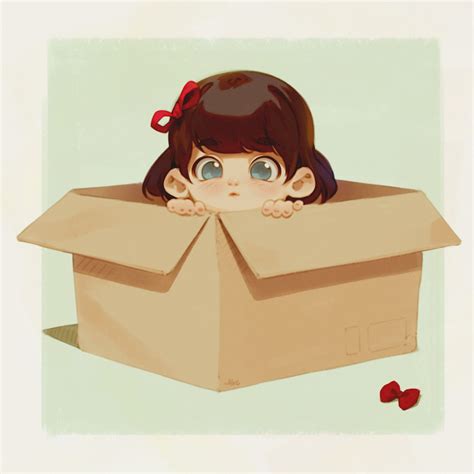 safebooru 1girl alkemanubis bangs blue eyes bow bow removed box brown hair cardboard box