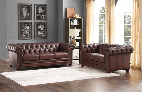 Dark Brown Stanwood Genuine Leather Sofa Set 3pcs Hydeline Traditional