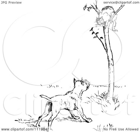 Clipart Of A Retro Vintage Black And White Dog Barking At A Cat In A