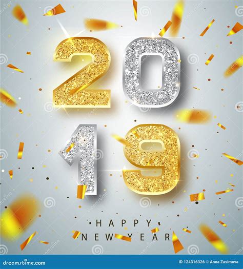 Happy New Year 2019 Greeting Card With Gold And Silver Numbers On White