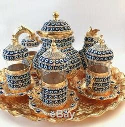 28 Pc Turkish Arabic Glass Tea Cup Saucer Teapot Evil Eye Decorated