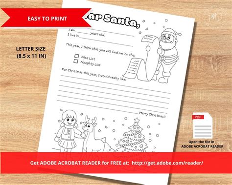 Letter To Santa Coloring Page Printable Dear Santa Letter Etsy