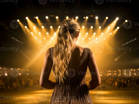 A Beautiful Female Pop Star Singer Performing On Stage In A Huge Crowded Stadium Arena Hall Ai