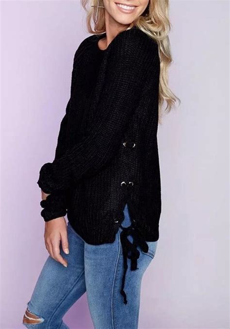 Black Plain Hollow Out Side Lace Up Long Sleeve Oversized Casual Pullover Sweater Dressy