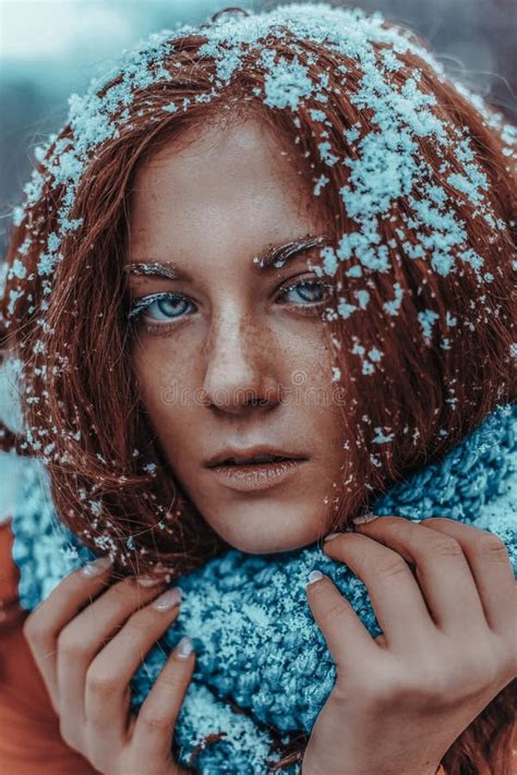 Beautiful Redhead Woman In Snow Background Portrait Beauty Portrait