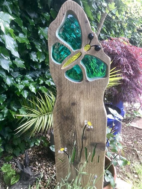 Butterfly Garden Sculpture Stained Glass Reclaimed Wood Etsy Glass Garden Art Garden Art