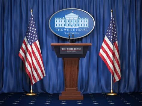 Briefing Of President Of Us United States In White House Podium