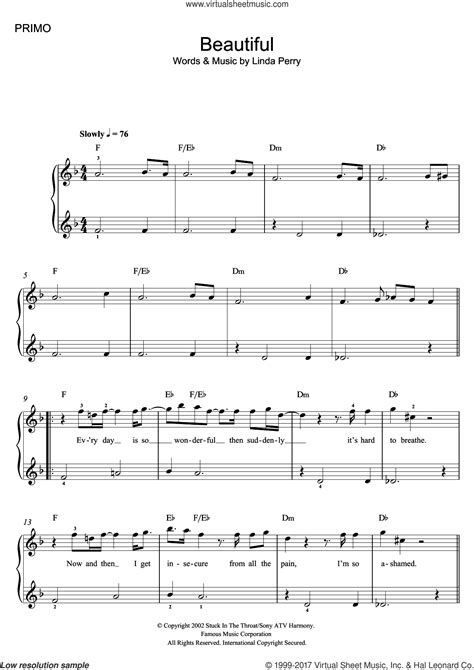 Aguilera Beautiful Intermediate Sheet Music For Piano Solo