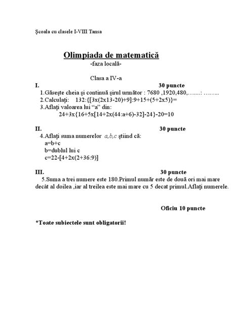 Subiecte Propuse Olimpiada Matematica Clasa A Iv A