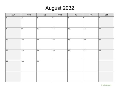 August 2032 Calendar With Weekend Shaded