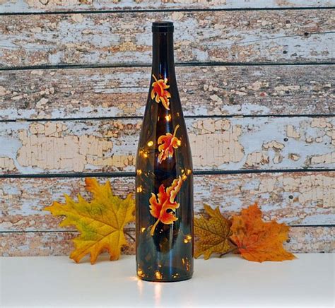 Wine Bottle Light With Hand Painted Autumn Leaves And Gold Fall Wine