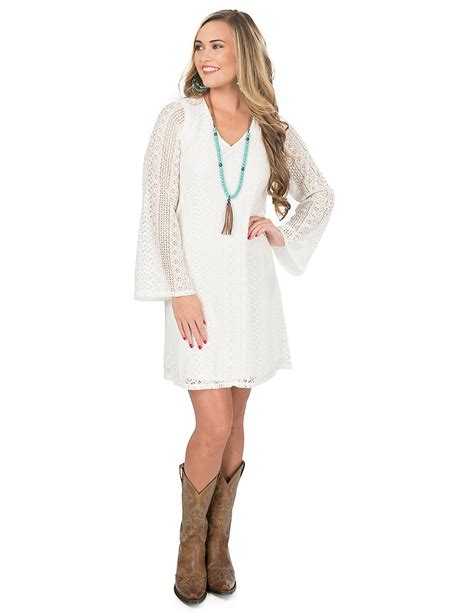 Wrangler Womens Cream Lace With Long Bell Sleeve Dress Cowgirl Dresses Country Dresses