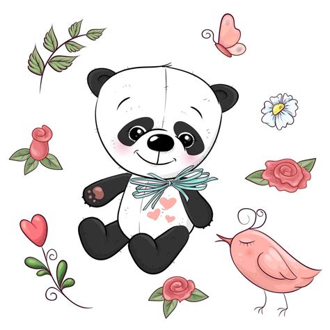 Set Of Little Panda And Flowers Hand Drawing Vector Illustration