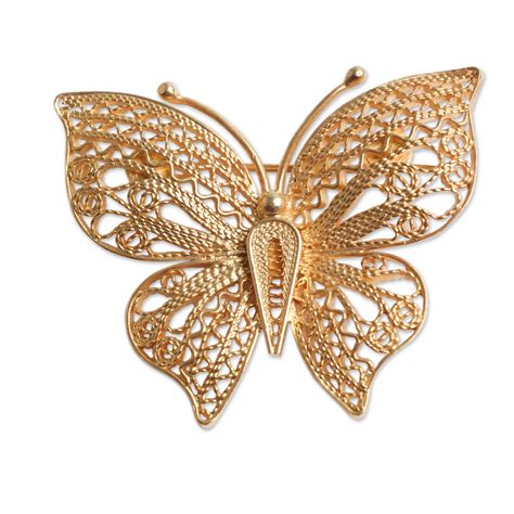 Unicef Market Handmade Gold Plated Filigree Butterfly Brooch Pin