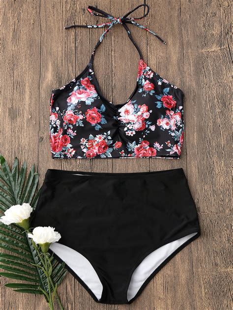 Black S Tiny Floral High Waisted Halter Top Bikini