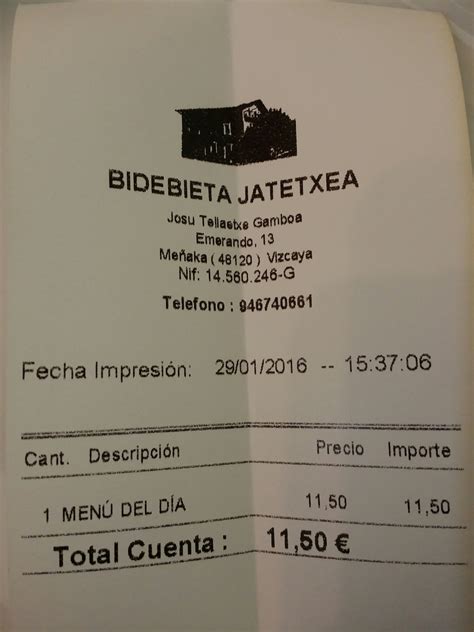 Factura Restaurante Bidebieta