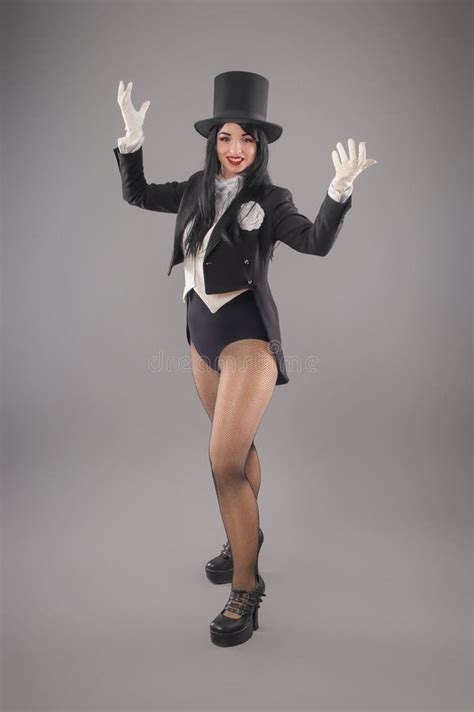 Woman Magician In Costume Suit Doing Magic Imagination Performance