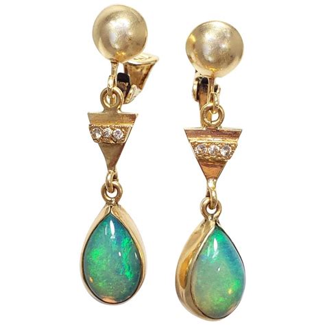 Vintage Opal And Diamond Dangling Teardrop Clip On Earrings In 14 Karat