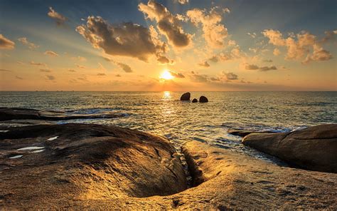 Sunset Ocean Rocks Waves Seascape Water Beautiful Sunset Hd