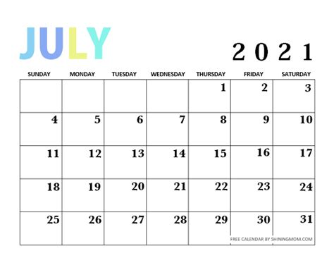 Free Printable July 2021 Calendar 12 Awesome Designs Laptrinhx News