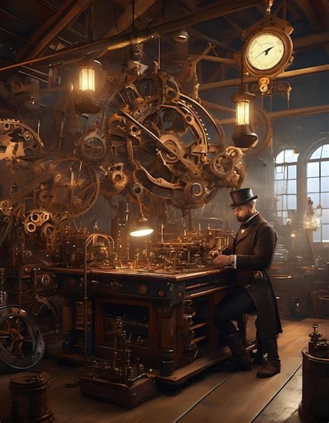 Premium Photo A Steampunk Inventor In A Workshop Filled With Gears
