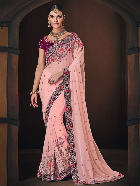 Light Pink Silk Georgette Designer Embroidered Saree Indian Wedding
